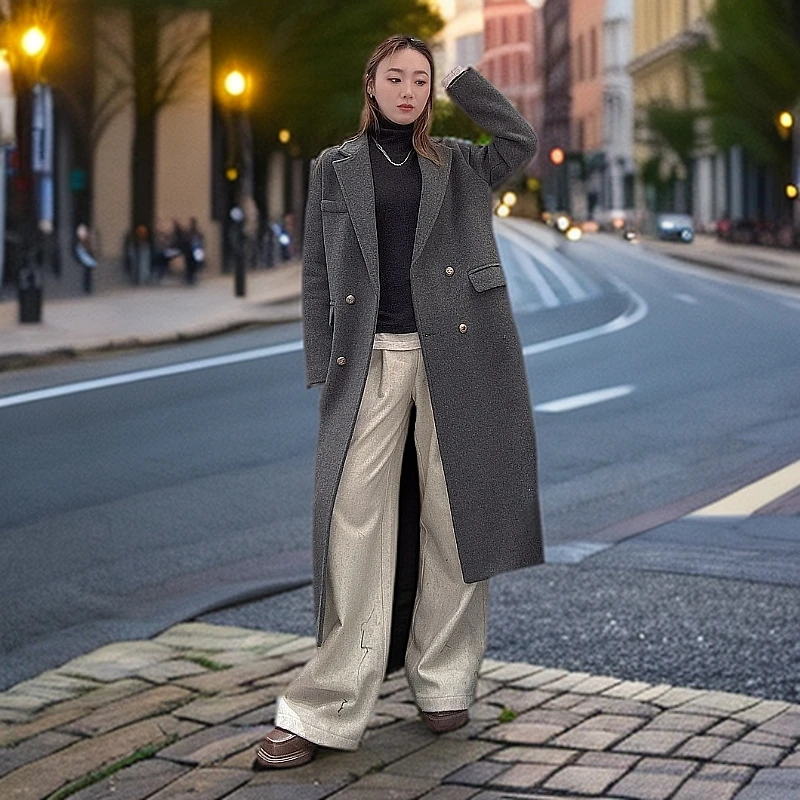 韩版宽松显瘦毛料大衣长款气质百搭外套8801#