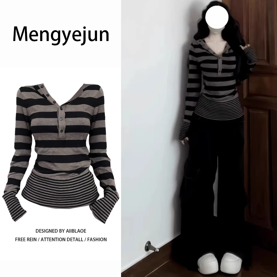 美式连帽条纹长袖T恤女春秋冬修身设计感内搭打底衫收腰早秋上衣