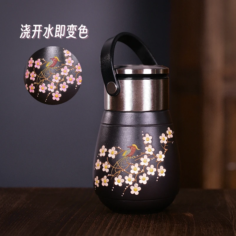 紫砂杯手提盖泥绘感温变色旅行杯【喜上眉梢】YX002