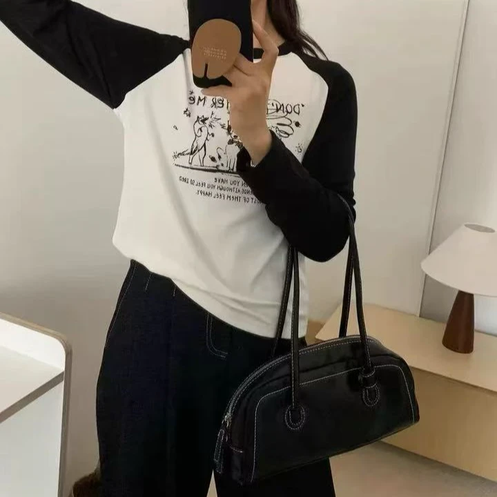 FUJIA STYLE新款韩版气质简约百搭撞色卡通长袖T恤A8160