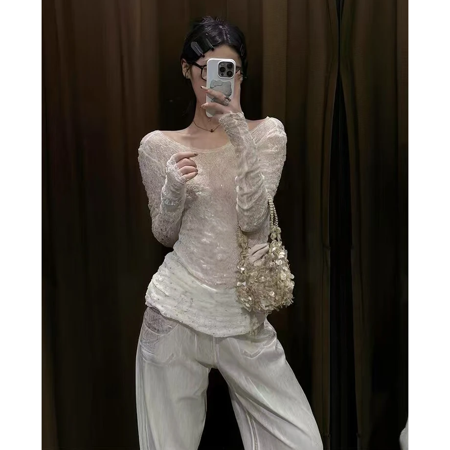 5558纯欲法式亮光镶钻黑白色时尚蕾丝修身气质内搭辣妹镂空上衣