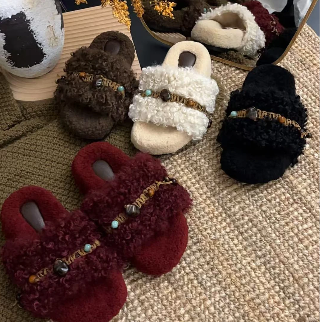 秋冬新款欧洲站超火波西米亚风格泰迪卷辣妹风外穿女一字毛拖鞋