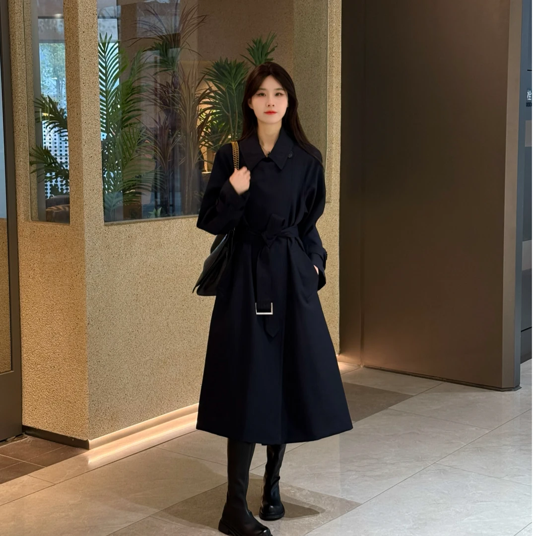 LOSA ROSA早秋新款复古气质时尚翻领系带小个子风衣中长款外套女