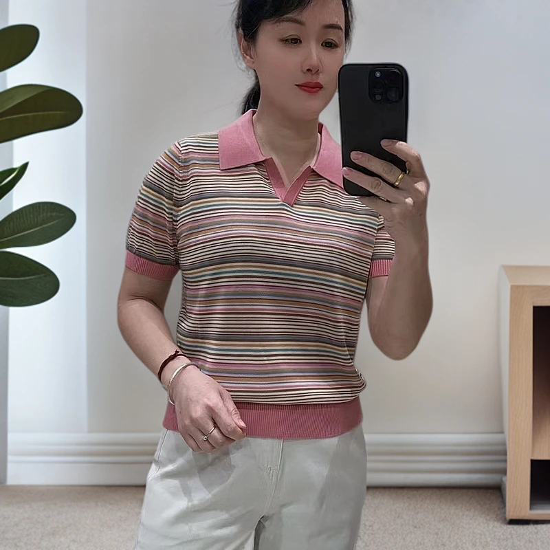 韩版高档条纹天丝显瘦针织上衣2025新款莱赛尔面料89849