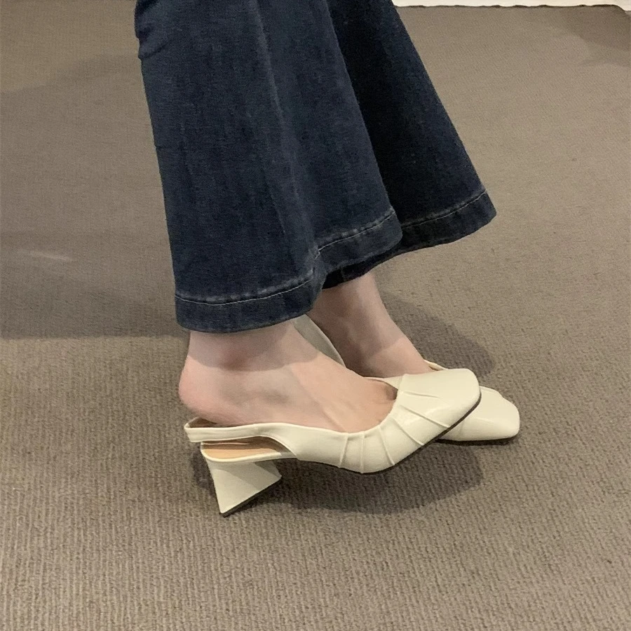 2025年春夏新款高跟包头后空凉鞋女鞋粗跟浅口法式温柔风单鞋女鞋