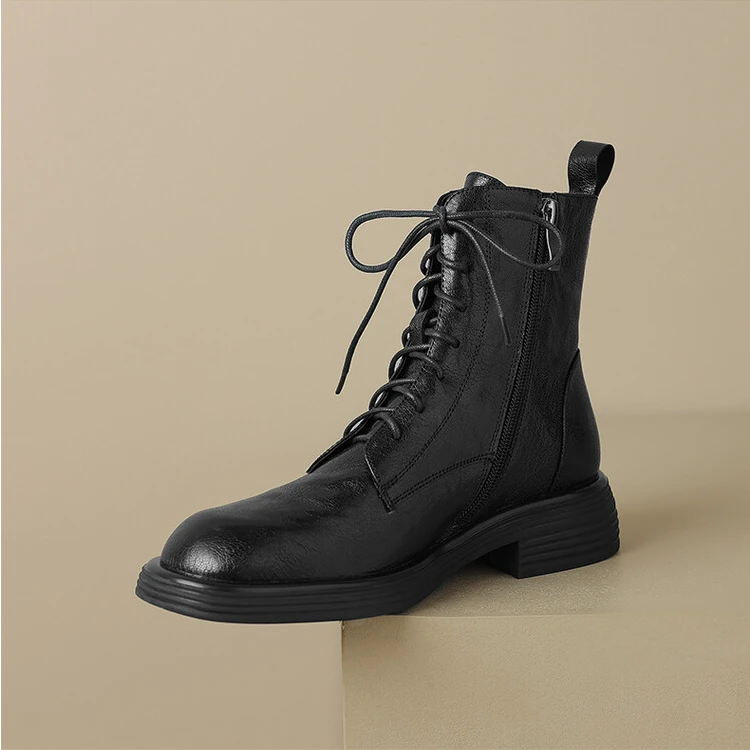 真皮断码清仓圆头复古港风系带短靴女2025新款秋冬加绒厚底马丁靴