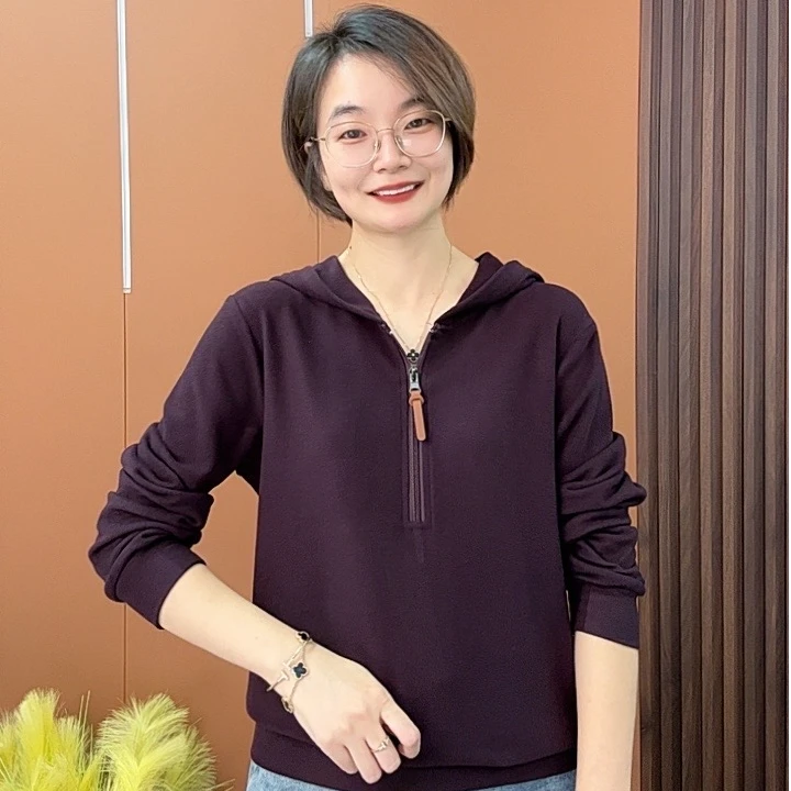 2025新款半拉链纯色连帽时尚洋气显瘦女士上衣H6611