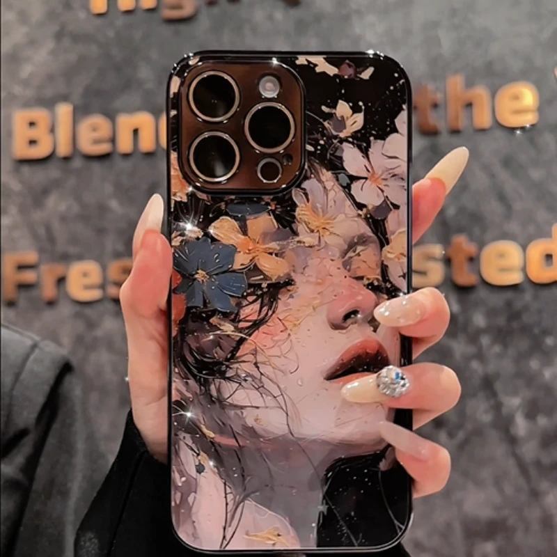 繁花似锦女孩适用苹果vivo华为oppo小米iPhone17电镀玻璃壳手机壳