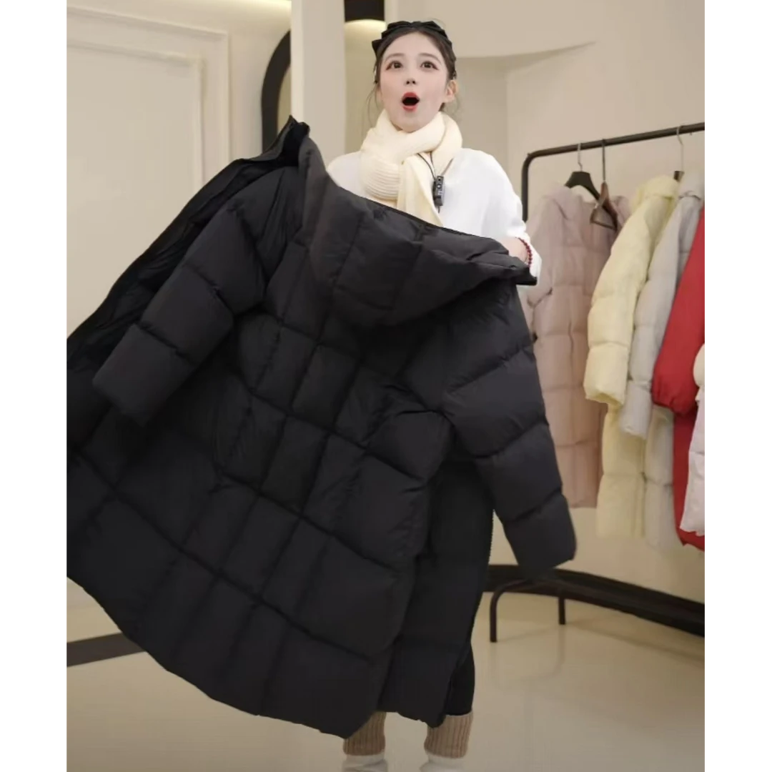 贝贝长连帽羽绒服宽松型厚款长款休闲女士中长款纯色女装百搭时尚