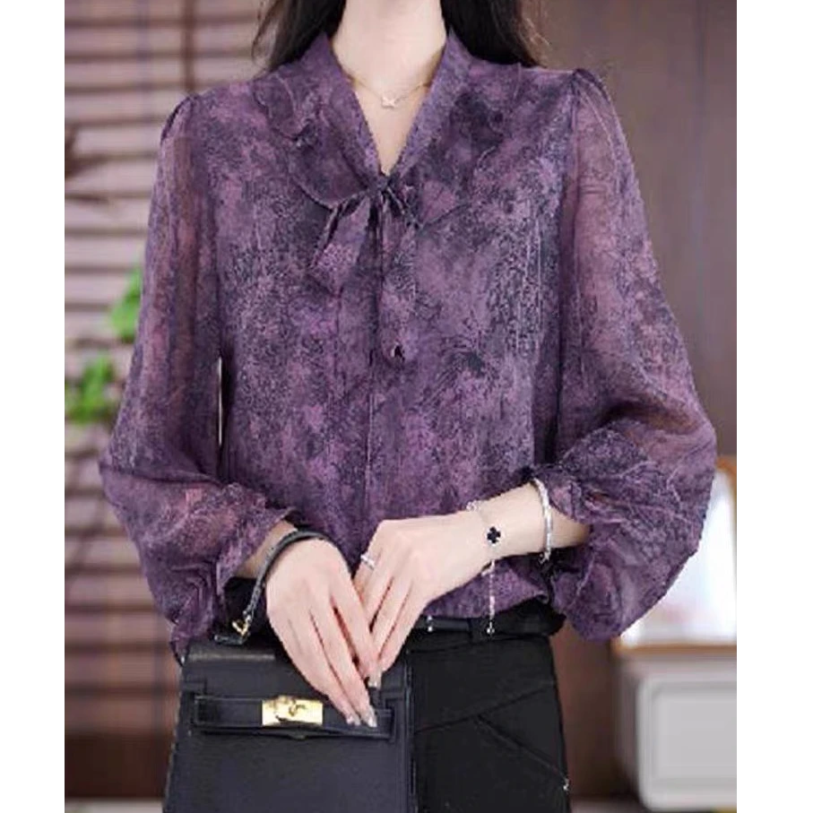 洋气飘带印花薄款长袖小衫女2025春款新款妈妈装气质百搭宽松上衣