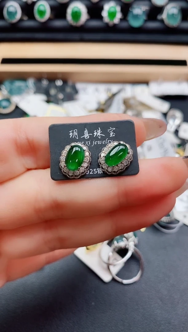 翡翠银S925镶嵌耳饰508050