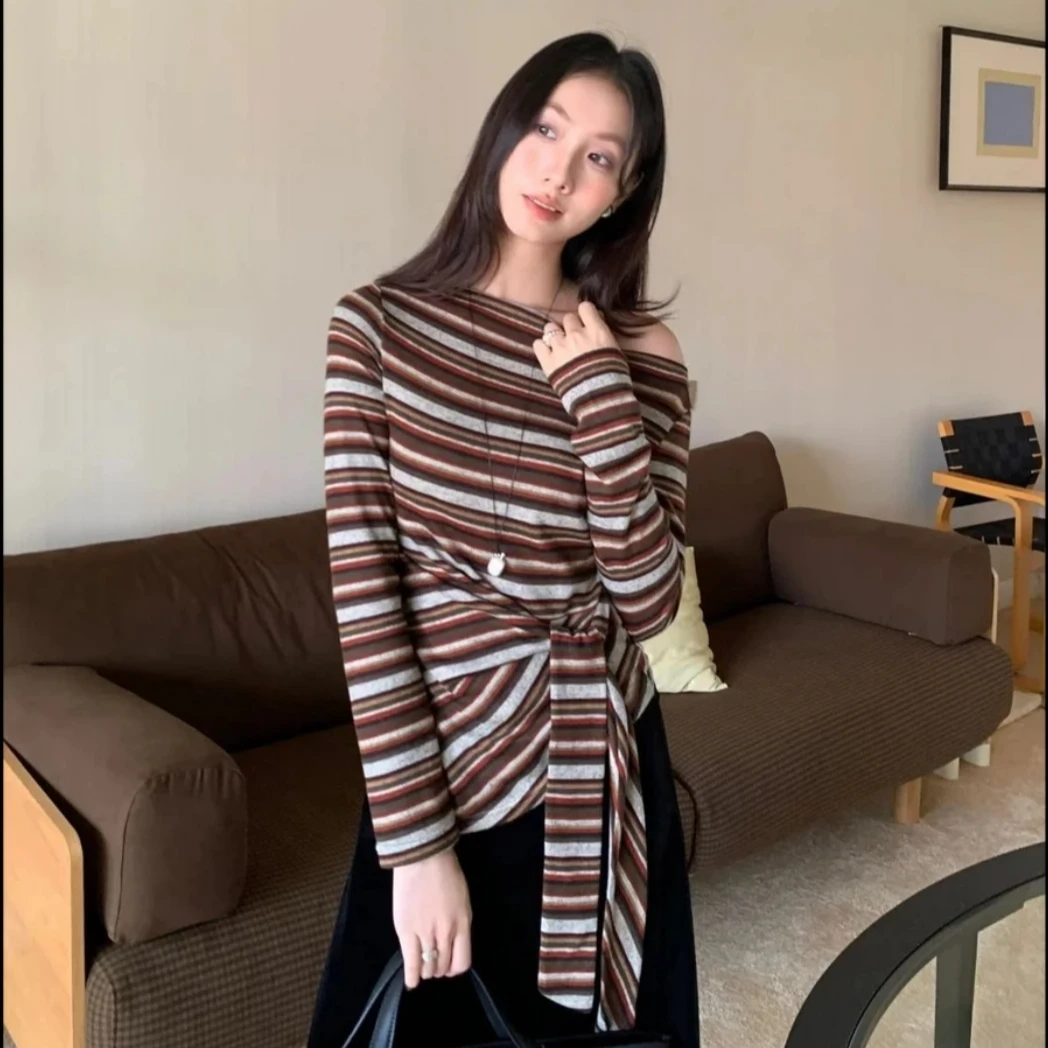 复古风韩系撞色一字肩上衣打底衫女长袖秋冬新款条纹修身绑带t恤