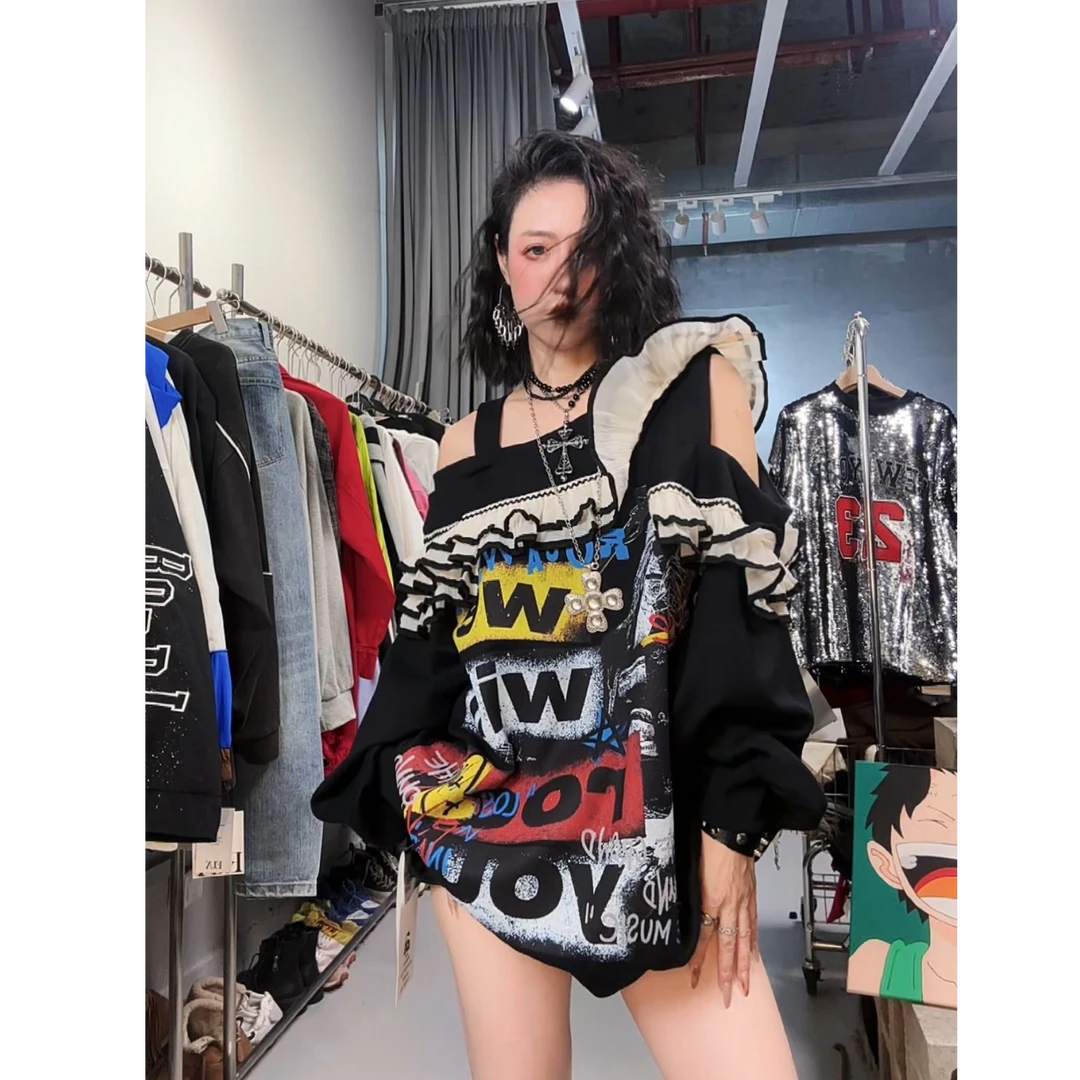 奇奇家 热点! 露肩个性荷叶边街头风秋冬季宽松大版卫衣