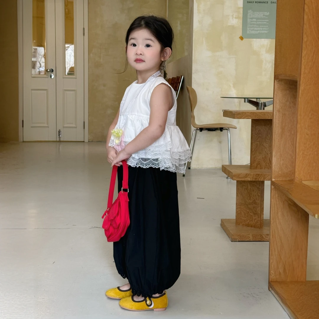 2025夏季女童韩系穿无袖蕾丝上衣裙摆式背心女宝洋气花边灯笼裤