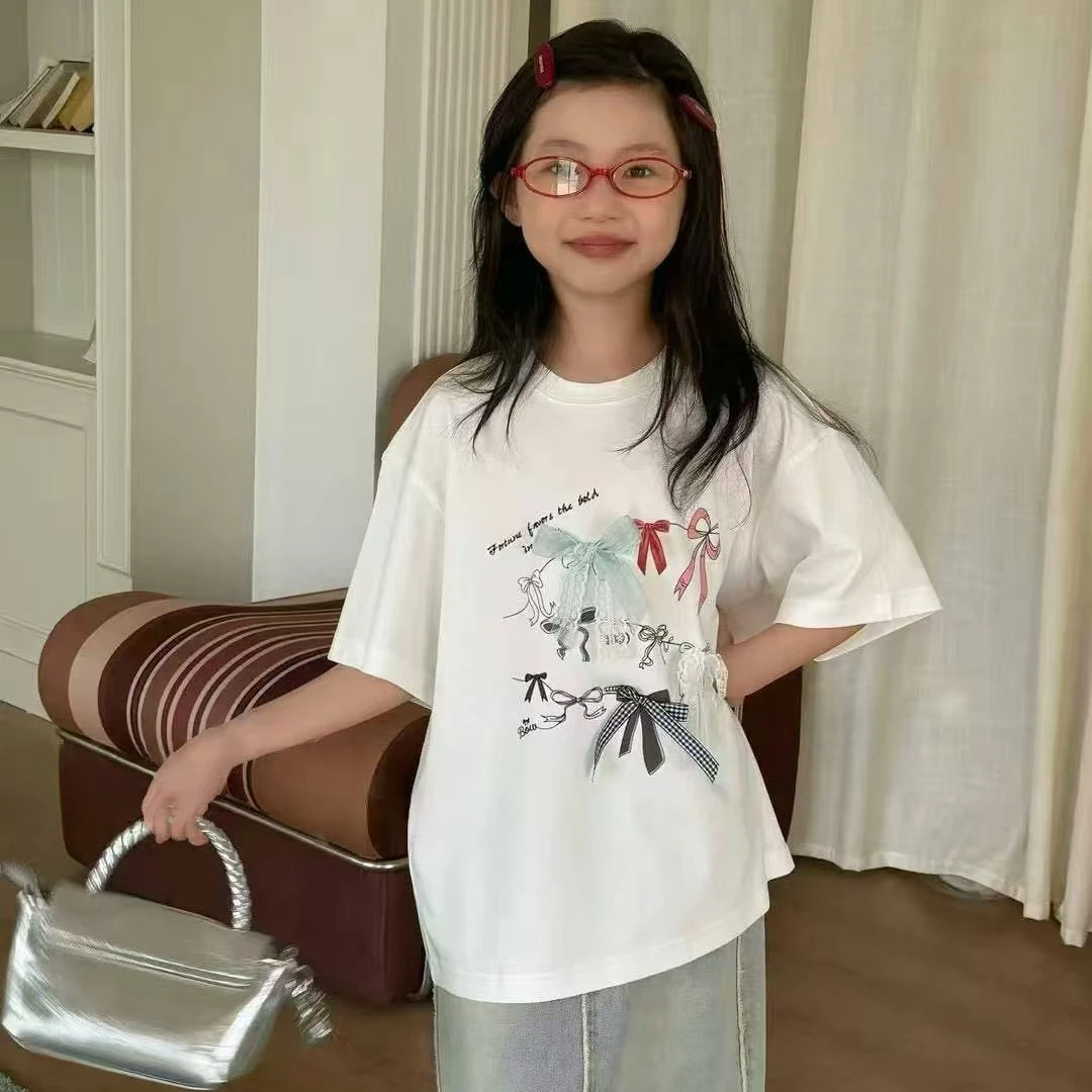 2025夏季新品中大女童韩系蝴蝶结印花大蝴蝶结可爱风短袖25777