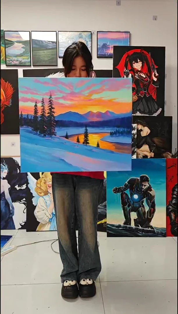 丙烯画y**_晚霞雪景丙烯画s
