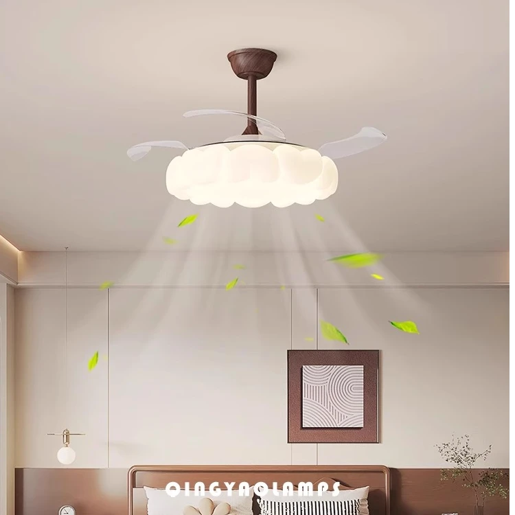 风扇灯卧室房间吸顶灯中古奶油风餐厅隐形电扇一体灯复古简约