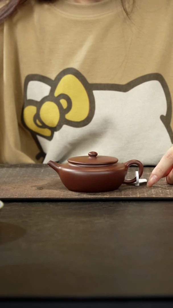 茶壶紫砂老紫泥扁晨170cc