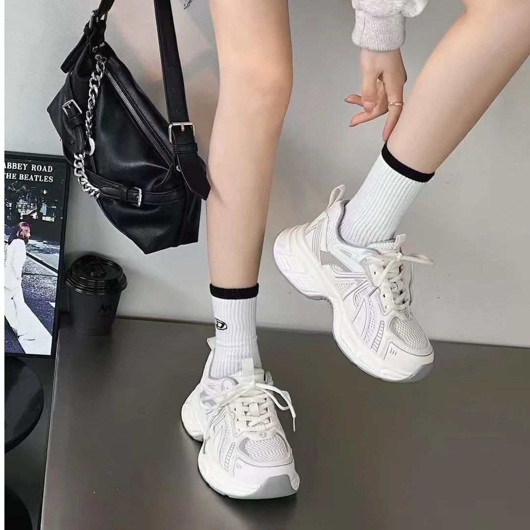 爆款真皮网面炸街老爹鞋轻便透气厚底增高2025INS潮百搭休闲时尚