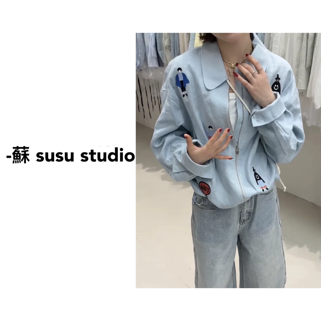 SU 短款POLO领休闲纽扣常规款衬衫袖翻领百搭宽松长袖 H0097