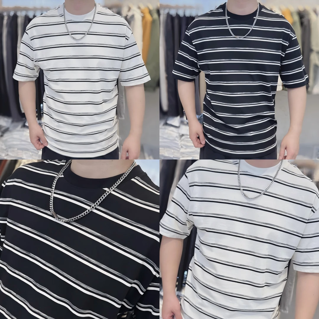2025夏季条纹百搭舒适宽松休闲情侣时尚圆领短袖K599