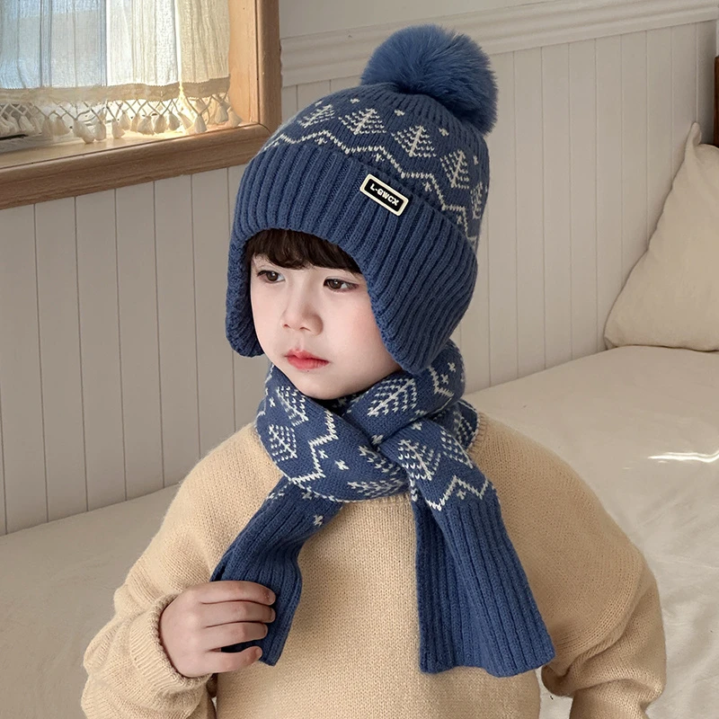儿童帽子秋冬天男孩帅气针织帽女孩毛线帽加棉小学生帽子围巾套装