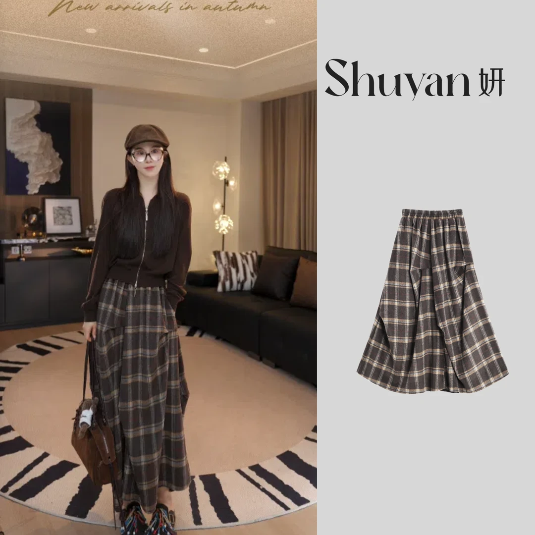 Shuyan妍【纽结格仔】超重磅手工纽结复古半身裙Q253262