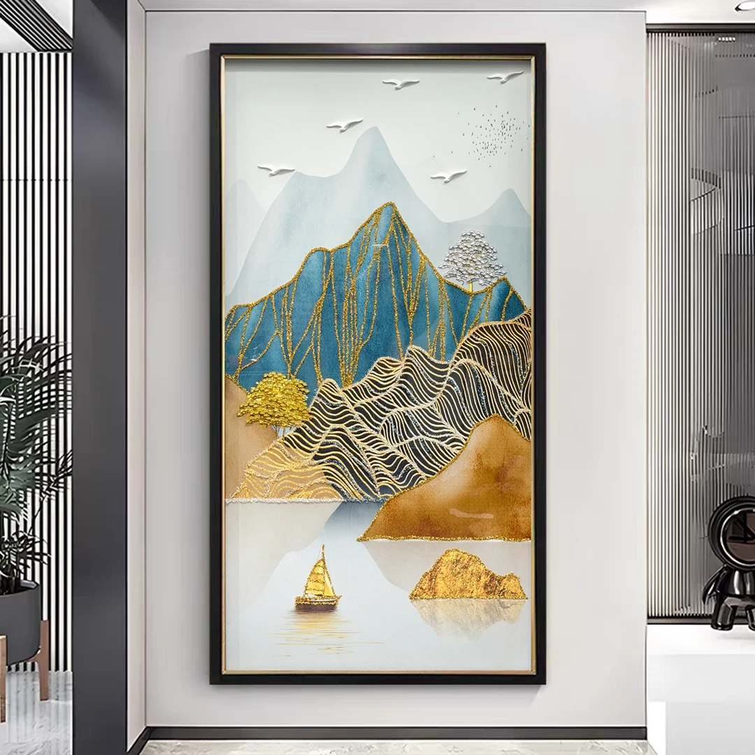 D87钢化玻璃【金山银山富水金山】入户玄关画轻奢手工立体过道挂画