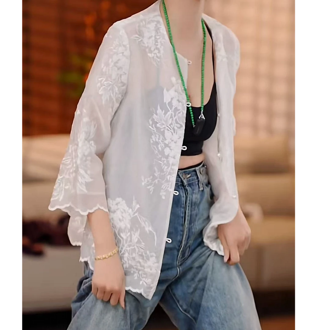 YUNSHUIHE/云水禾新中式国风蕾丝刺绣衬衫
