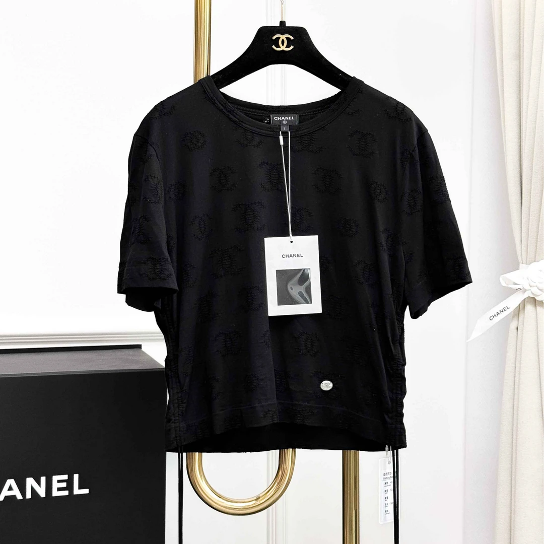 99新 Chanel/香奈儿 L码22S山茶花黑色抽绳镂空双C短袖T恤