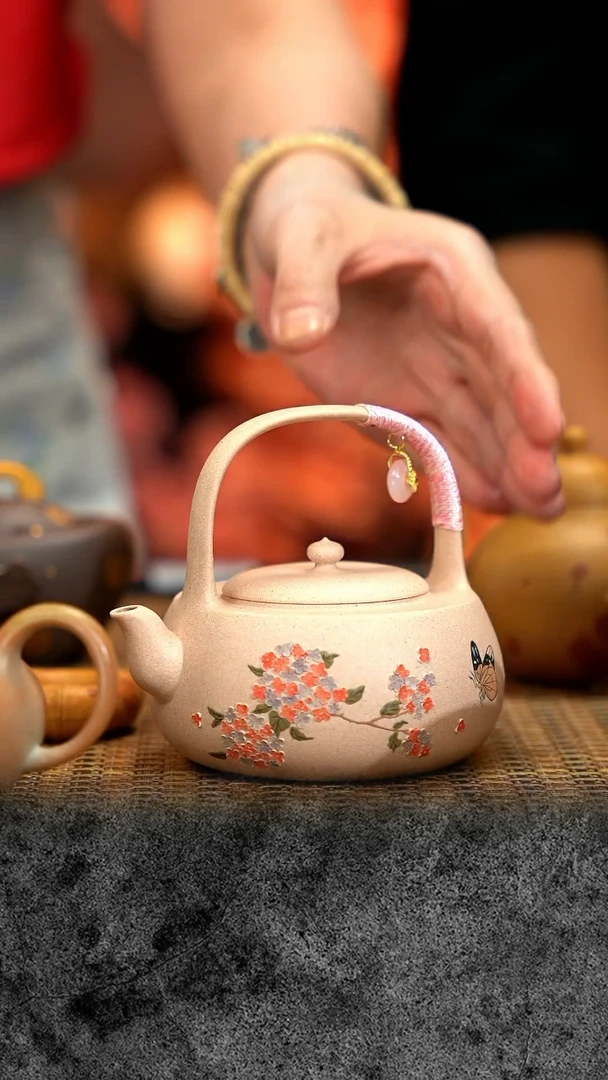 紫砂 宜兴紫砂 IF 粉 提梁绣球花