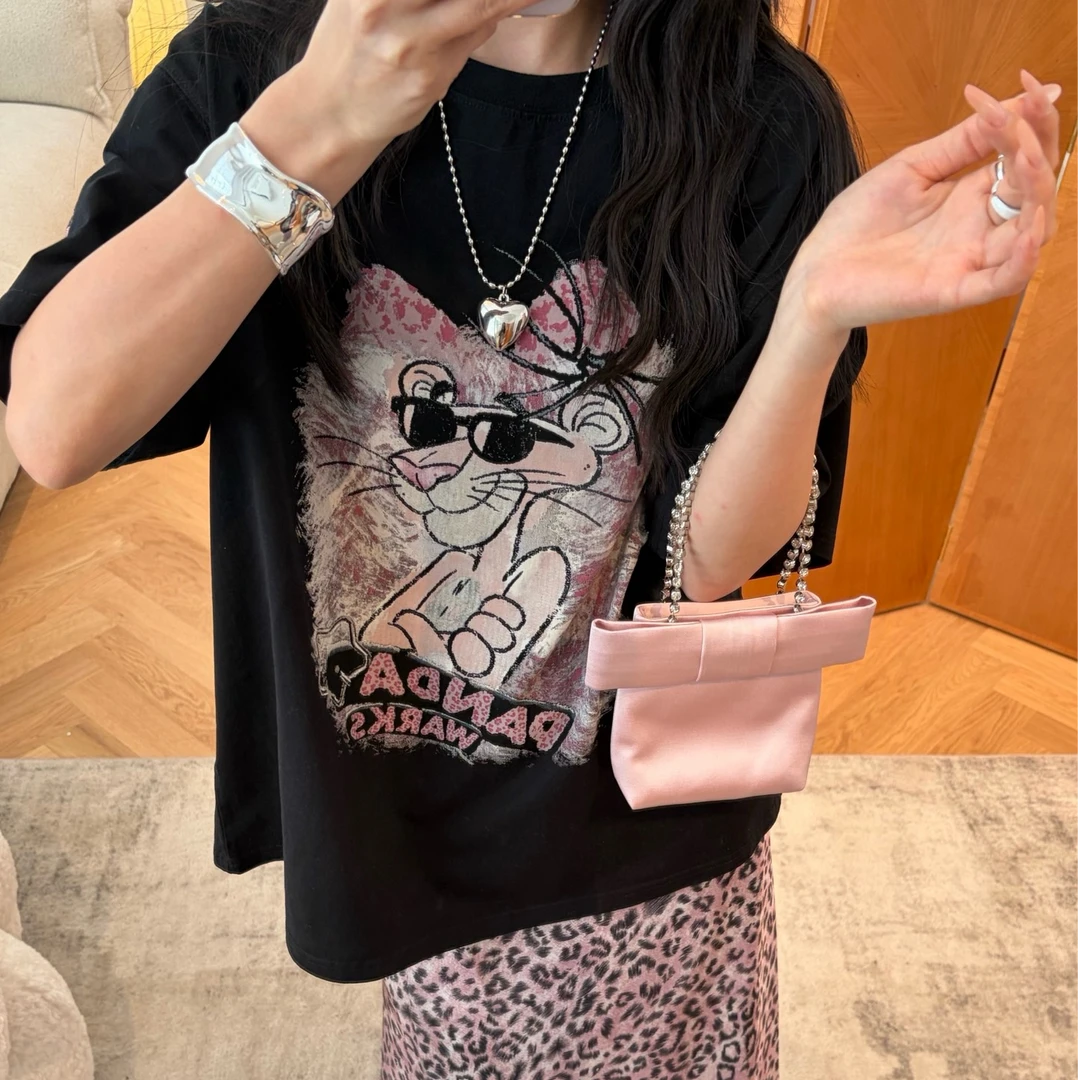 Pandawarks熊猫纸袋26277豹纹粉红豹印花纯棉圆领短袖T恤宽松显瘦