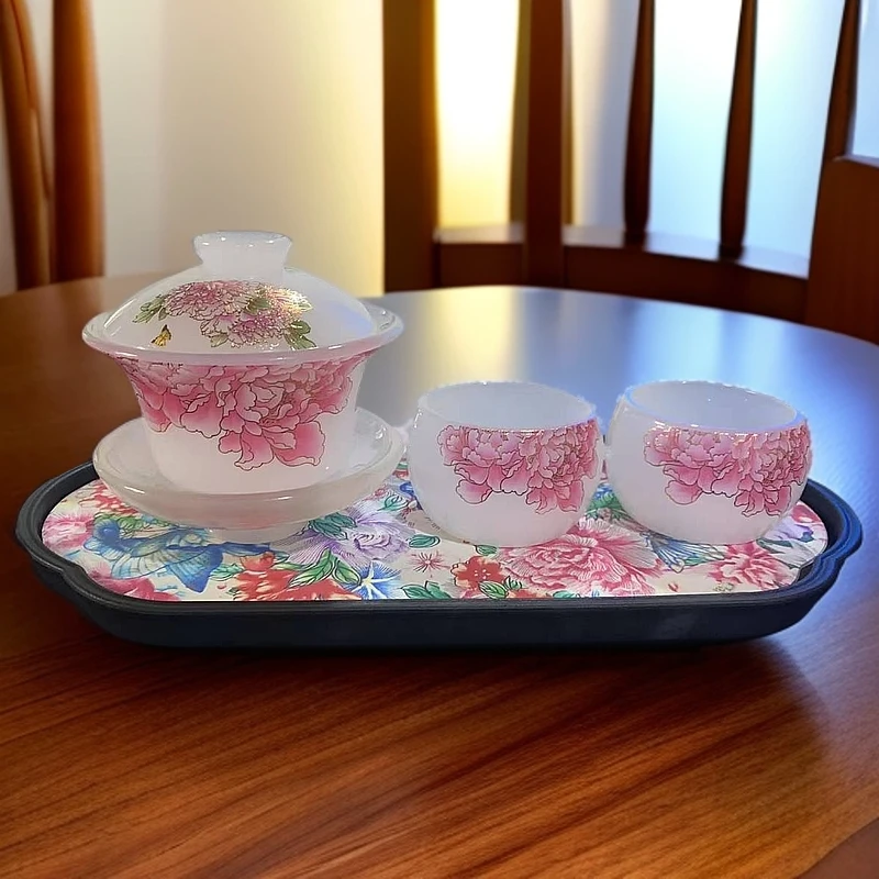 030907琉璃三才盖碗+2杯带茶盘粉