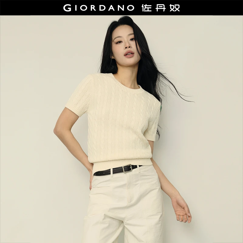 【韩国明星同款】佐丹奴女装纯棉绞花圆领短款短袖针织衫05355316