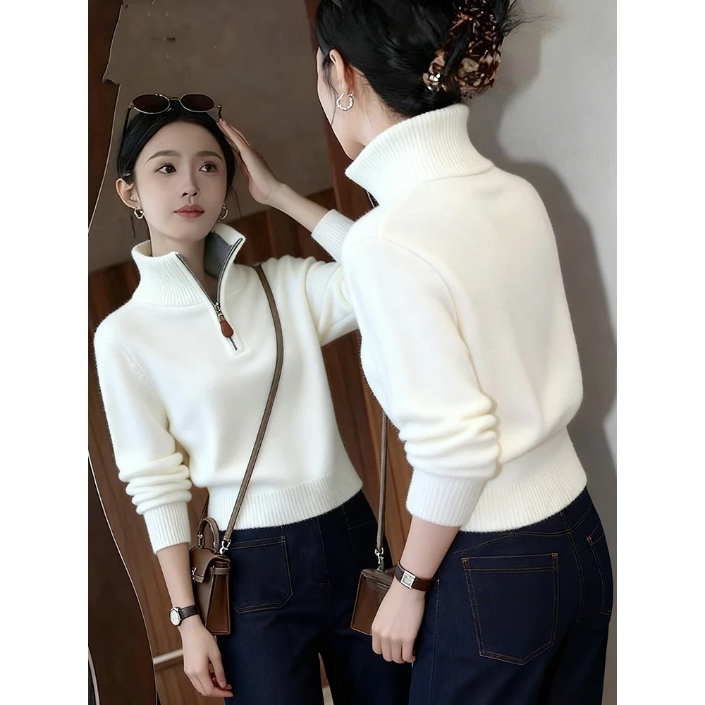 白色半拉链立领针织毛衣长袖T恤女2025新款巨好看的冬装内搭上衣