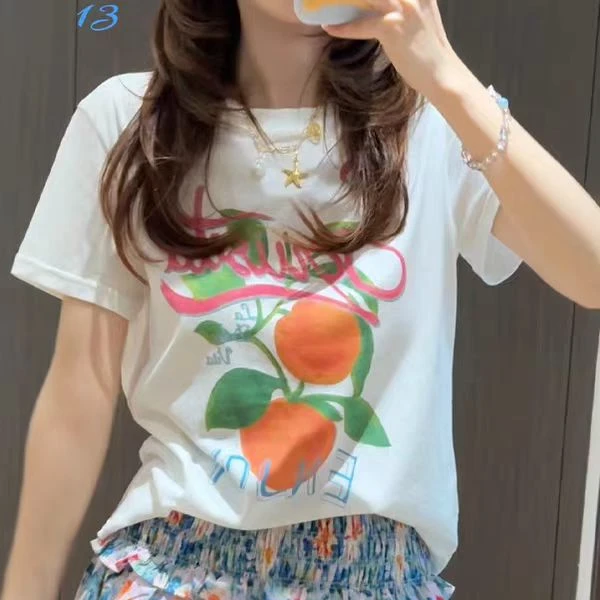 2025夏日韩系漂亮小上衣水果系穿搭T恤白色橘子印花正肩圆领短袖