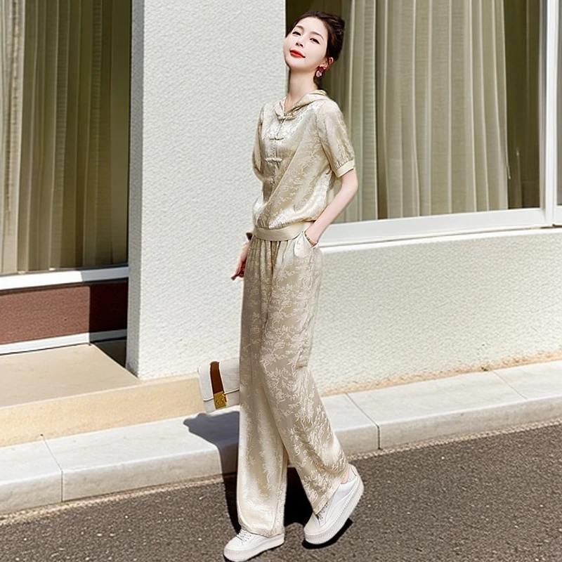 新款国风冰丝盘扣醋酸运动套装女时尚休闲连帽高端夏装夏季两件套