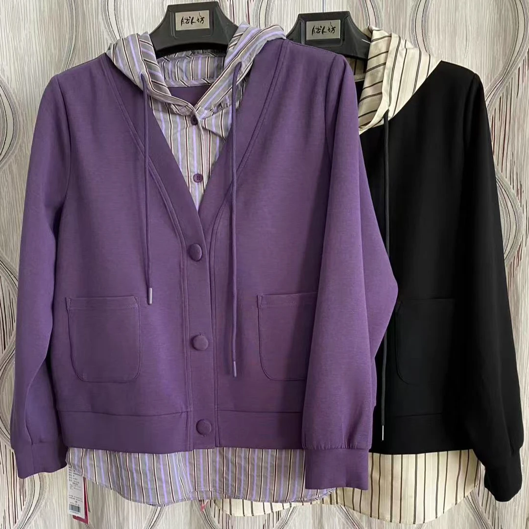 胖人坊新款大码连帽条纹拼接外套4593   衣长70  126