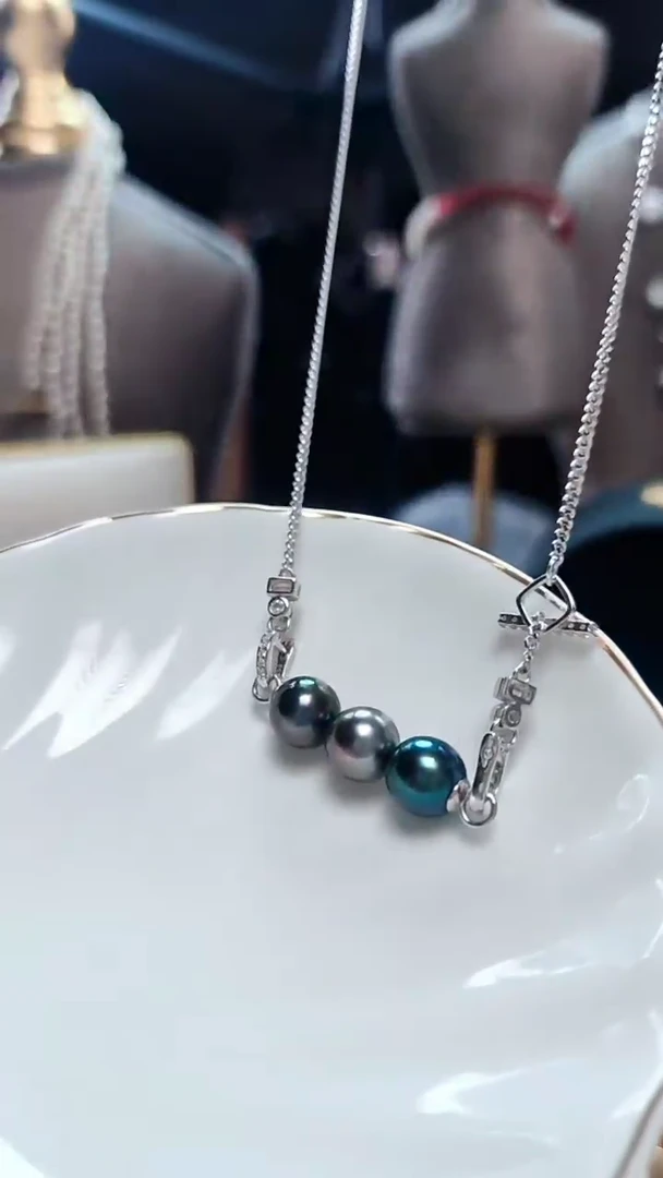 银S925镶嵌海水珍珠颈饰大溪地平衡木项链