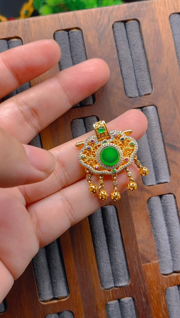 项链银S925镶嵌翡翠无事牌如意锁