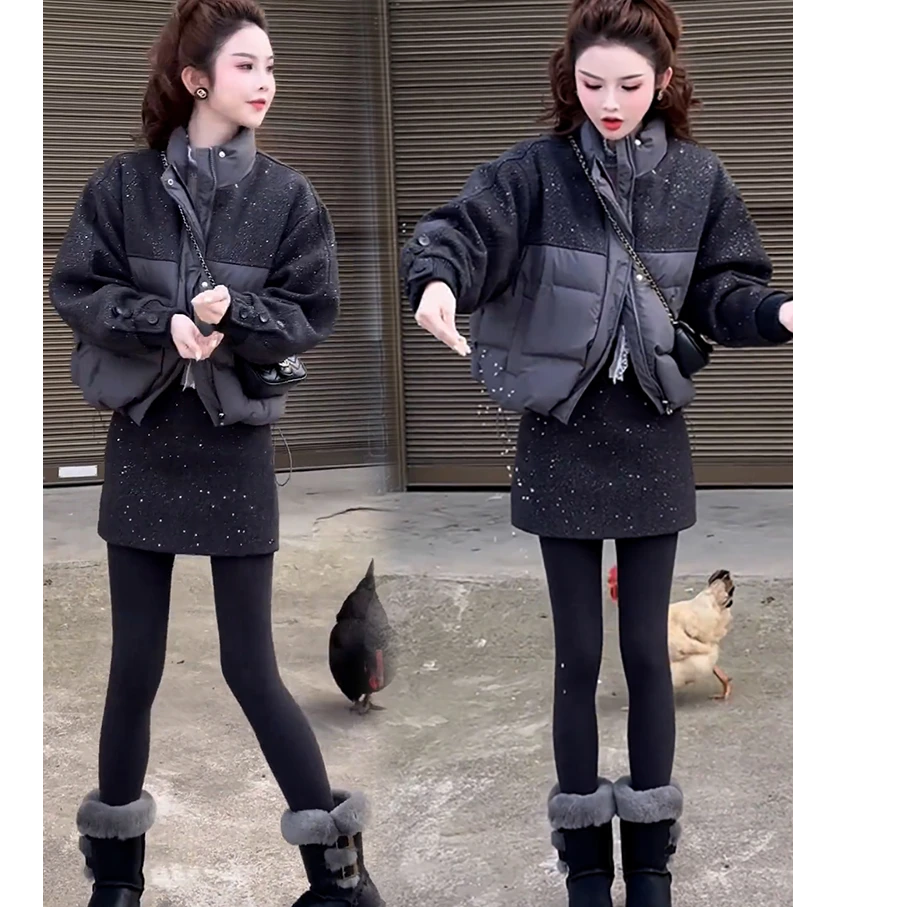 时尚短款棉服女2024冬季新洋气小香风亮片拼接保暖网红棉袄外套潮