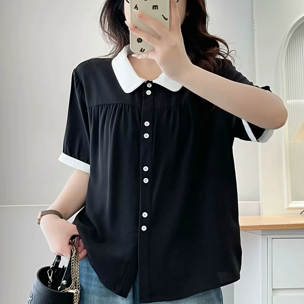 微胖MM夏季新款撞色娃娃领短袖衬衫女大码宽松显瘦薄款小衫上衣