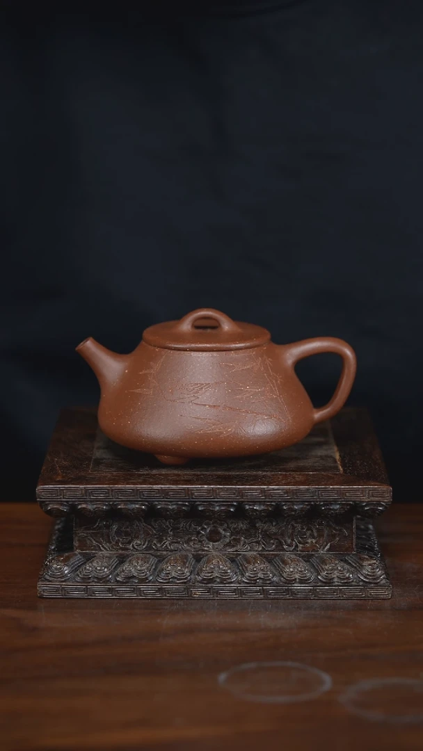 【闪购商品】紫砂茶壶平盖石瓢 降坡泥 160cc（刻竹鸟）