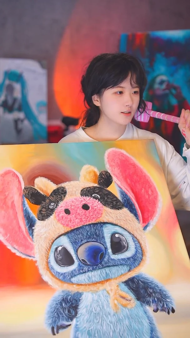 油画P****.毛绒风史迪仔丙烯画纯手绘