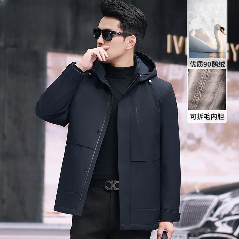 符腾野堡马羽绒服中年男士鹅绒外套冬季加厚可拆毛内胆防寒服爸爸