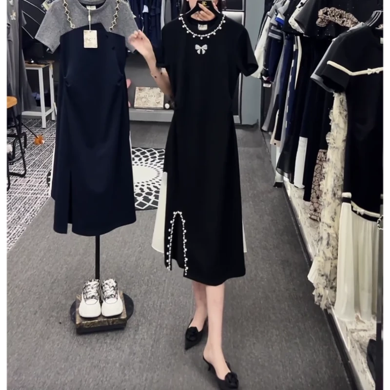 轻奢时尚钉珠设计感小众收腰显瘦短袖百搭气质连衣裙夏季黑色