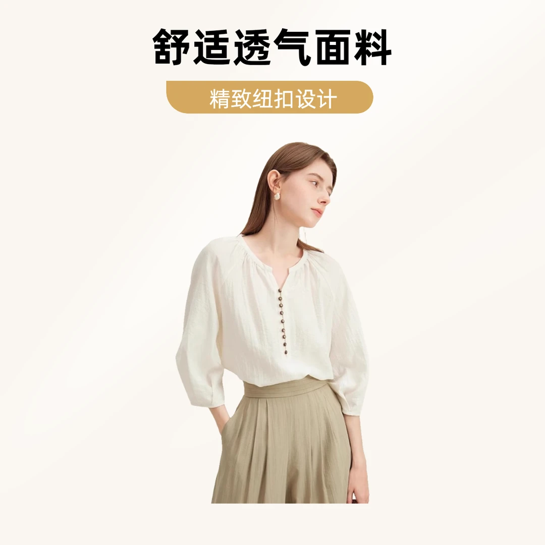 法式复古圆领衬衫女夏新款慵懒风七分袖衬衣气质通勤宽松显瘦