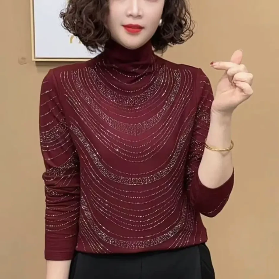 秋冬新款德绒烫钻半高领薄绒宽松长袖中老年妈妈装打底上衣9123#