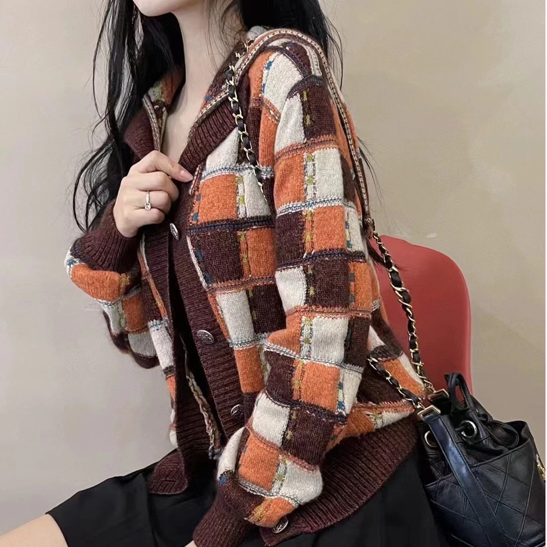99新 Chanel/香奈儿 38码汉堡系列海军领撞色方块羊绒开衫