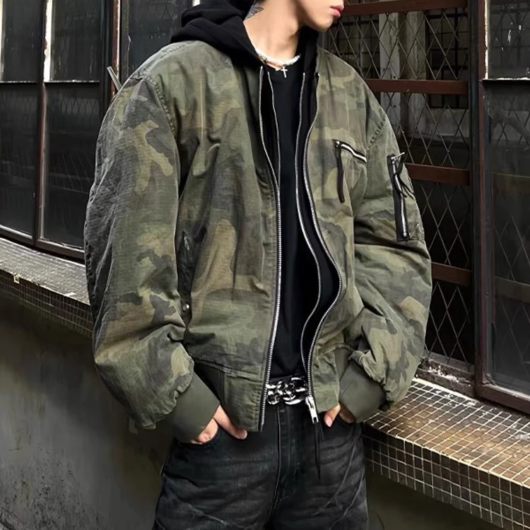 美式复古假两件迷彩夹克男女春秋季廓形cleanfit飞行员连帽外套潮